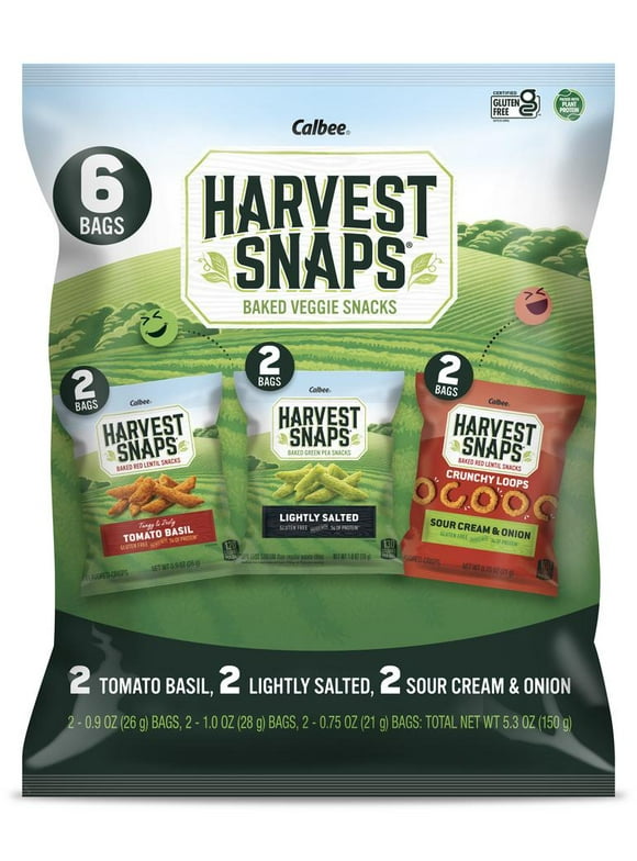 Harvest Snaps Variety Pack Baked Gluten Free Snacks, Veggie Crisps, 3 Flavors, 6 Packs, 5.3 oz