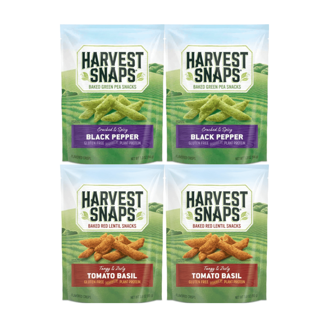 Harvest Snaps Veggie Chips 4 Count Multipack – Includes 2 Bags Black Pepper 3.3oz and 2 Bags Tomato Basil 3oz – Gluten Free, Plant-Based, Crunchy Healthy Snack