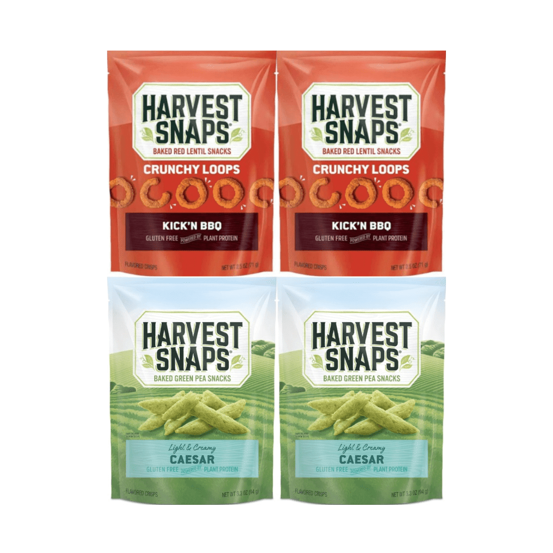 Harvest Snaps Veggie Chips 4 Pack –Original  2.5oz & Caesar 3.3oz – Crunchy Baked Green Pea Snack, Gluten Free, Plant-Based, Non-GMO, High Fiber, Perfect Lunchbox or Office Snack
