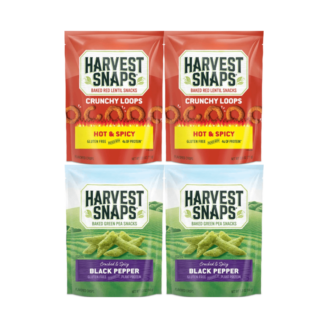 Harvest Snaps Veggie Chips Hot & Spicy and Black Pepper 4 Pack – Crunchy Baked Snack, Plant-Based Protein, Gluten-Free, Better-for-You Snack, 2 Each Flavor, 4 Count Multipack
