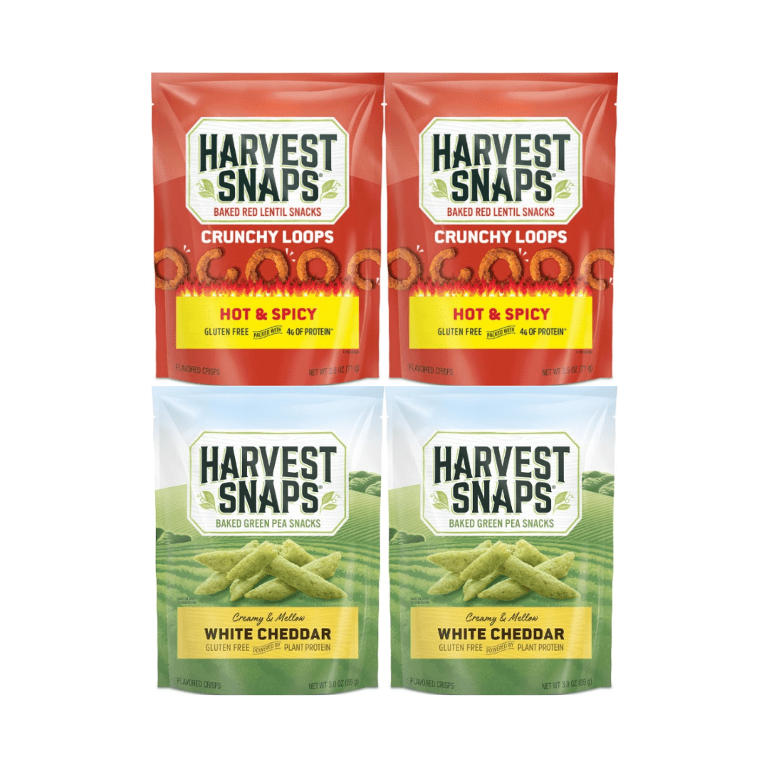 Harvest Snaps Veggie Chips Hot & Spicy & White Cheddar – 4 Count Variety Pack – Plant-Based, Gluten-Free, Baked Pea Crisps, Crunchy Healthy Snack, 2 Each Flavor