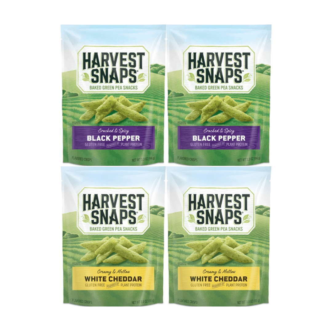 Harvest Snaps Veggie Chips Multipack – 4 Count – 2 Bags Black Pepper 3.3 oz, 2 Bags White Cheddar 3 oz – Plant-Based Protein Snack, Gluten-Free, Baked Crunchy Vegetable Snack
