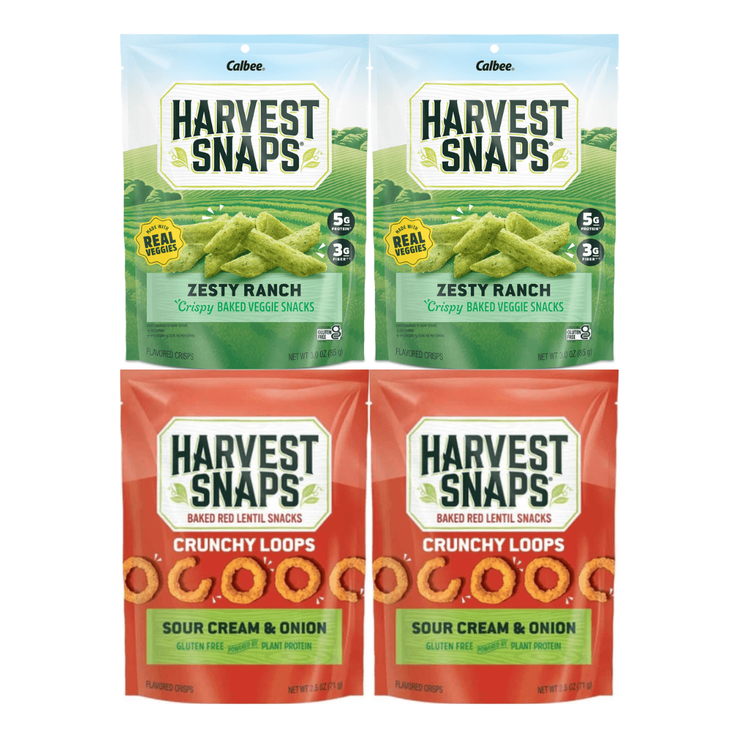 Harvest Snaps Veggie Chips Multipack 4 Count – Includes 2 Bags Sour Cream & Onion 2.5oz and 2 Bags Zesty Ranch 3.3oz – Baked Green Pea Crisps – Crunchy Gluten Free Snack Pack