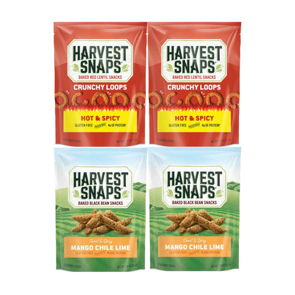 Harvest Snaps Veggie Chips Multipack Hot & Spicy & Mango Chile Lime 4 Count | Gluten-Free, Plant-Based Protein Snack
