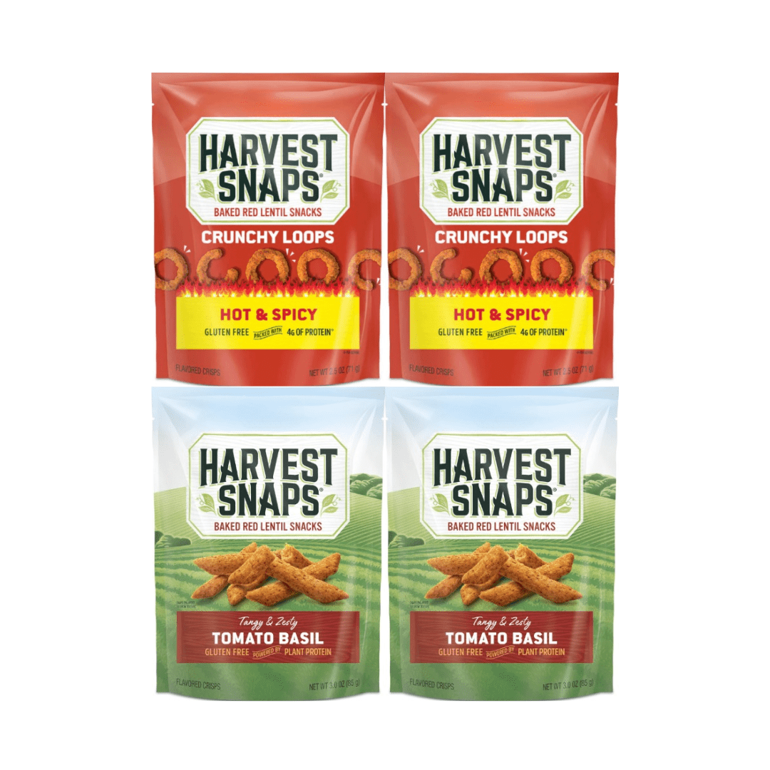 Harvest Snaps Veggie Chips Multipack – Hot & Spicy, Tomato Basil – 4 Pack (2 Each Flavor) – Crunchy Gluten Free Baked Snack, Plant Based, Non GMO
