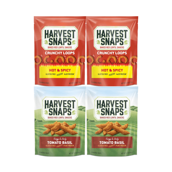 Harvest Snaps Veggie Chips Multipack Hot & Spicy, Tomato Basil 4 Pack (2 Each Flavor) Crunchy Gluten Free Baked Snack, Plant Based, Non GMO