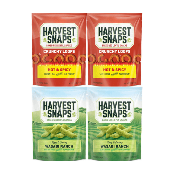 Harvest Snaps Veggie Chips Multipack Hot & Spicy & Wasabi Ranch 4 Count, 2 Each Flavor Gluten Free, Plant-Based Protein, Healthy Crunchy Snack
