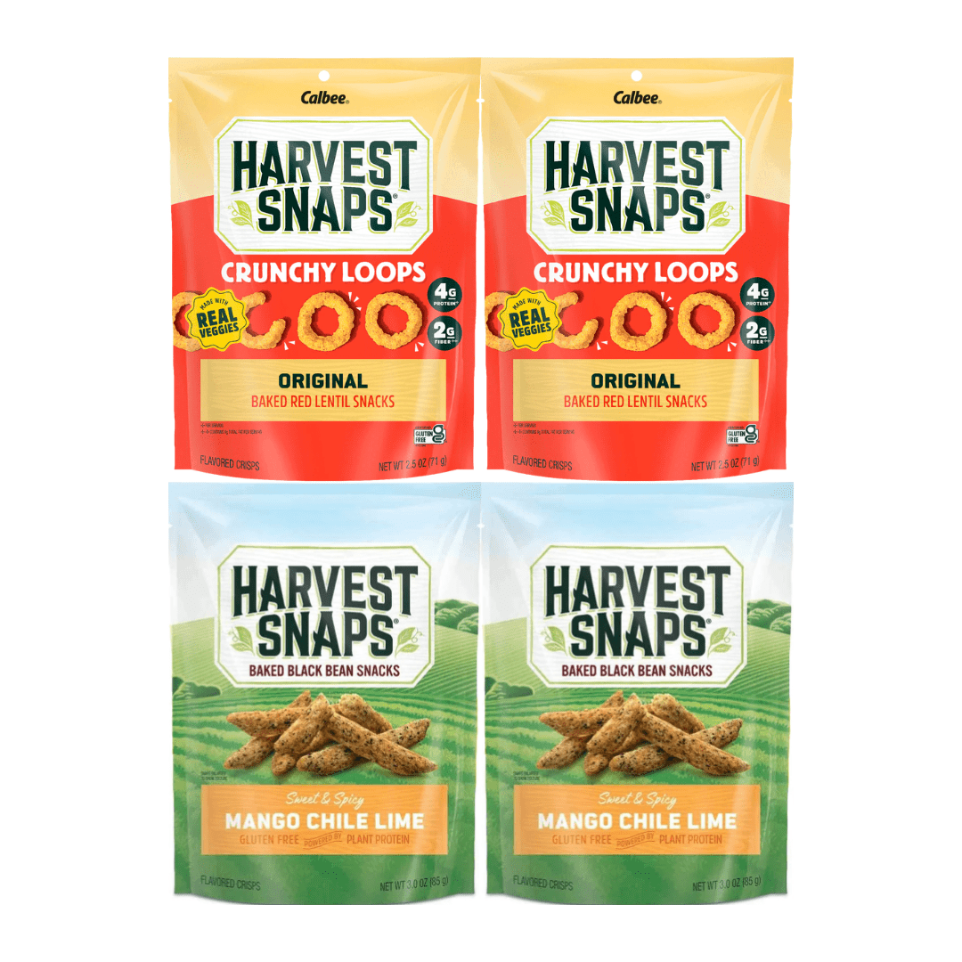 Harvest Snaps Veggie Chips Snack 4 Pack – 2.5oz Original  & 3oz Mango Chile Lime – Healthy Gluten Free Plant-Based Protein Snack, Low Sodium, Vegan