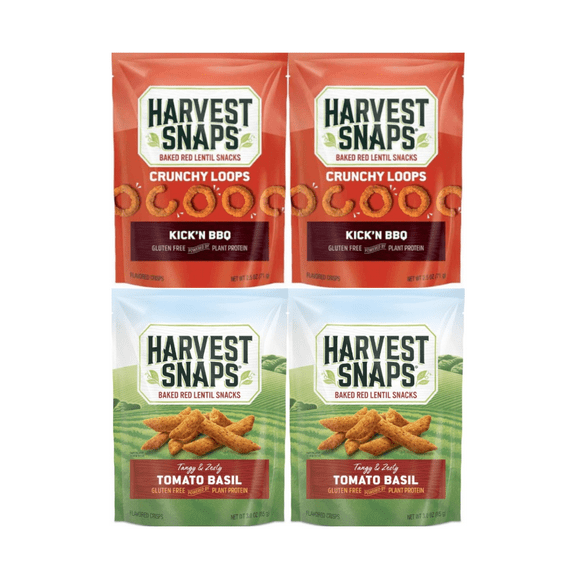 Harvest Snaps Veggie Chips Snack Variety Pack Kickn BBQ 2.5oz & Tomato Basil 3oz 4 Pack (2 Each Flavor) Plant-Based Crisps, Gluten-Free, Crunchy Healthy Snack