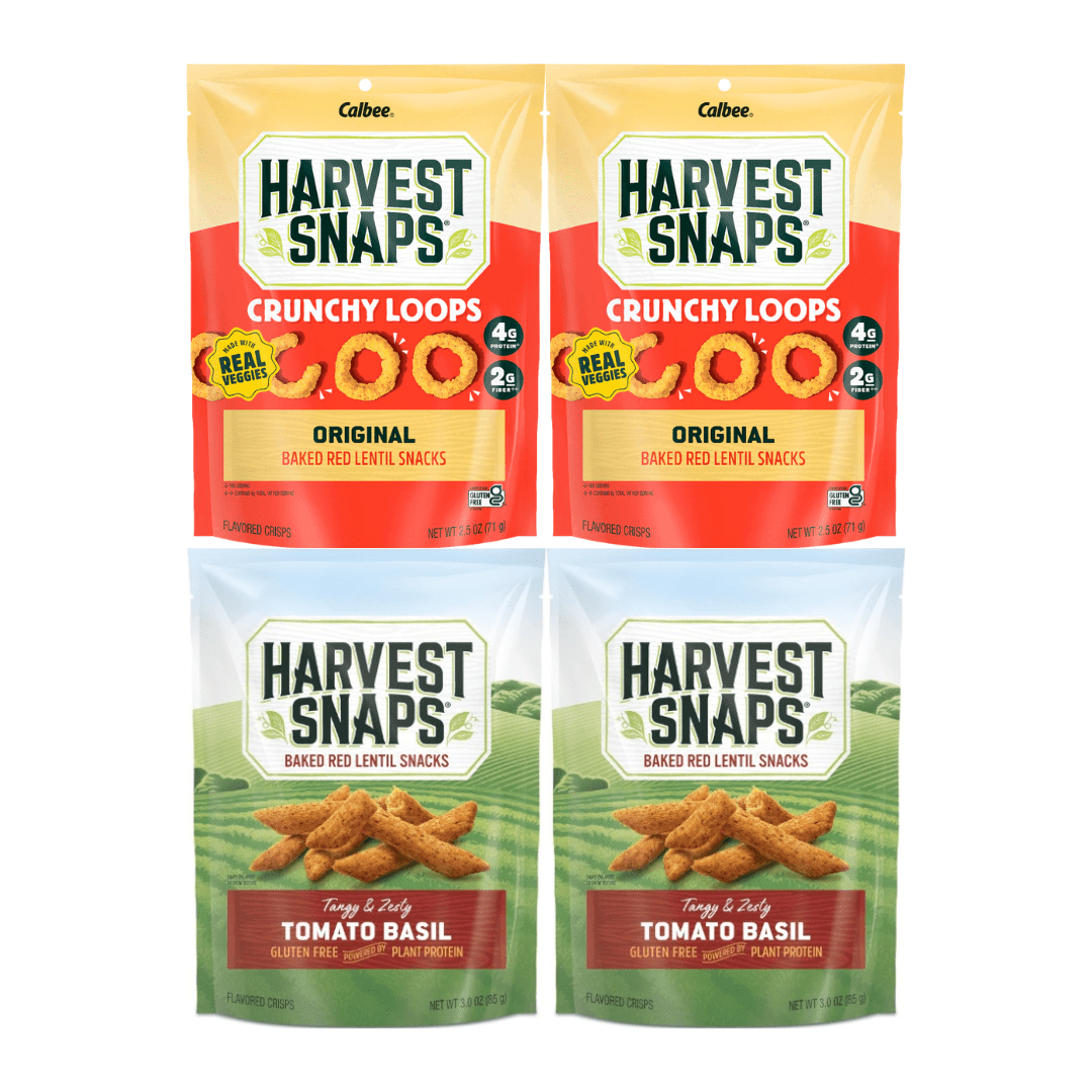 Harvest Snaps Veggie Chips Snack Variety Pack – Original  2.5oz & Tomato Basil 3oz – 4 Pack (2 Each Flavor) – Plant-Based Crisps, Gluten-Free, Crunchy Healthy Snack