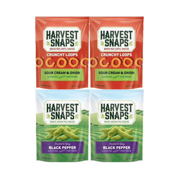 Harvest Snaps Veggie Chips Sour Cream & Onion 2.5oz Black Pepper 3.3oz Snack Variety Pack 4 Count Gluten Free Plant Based Protein Baked Pea Crisps Healthy Snack