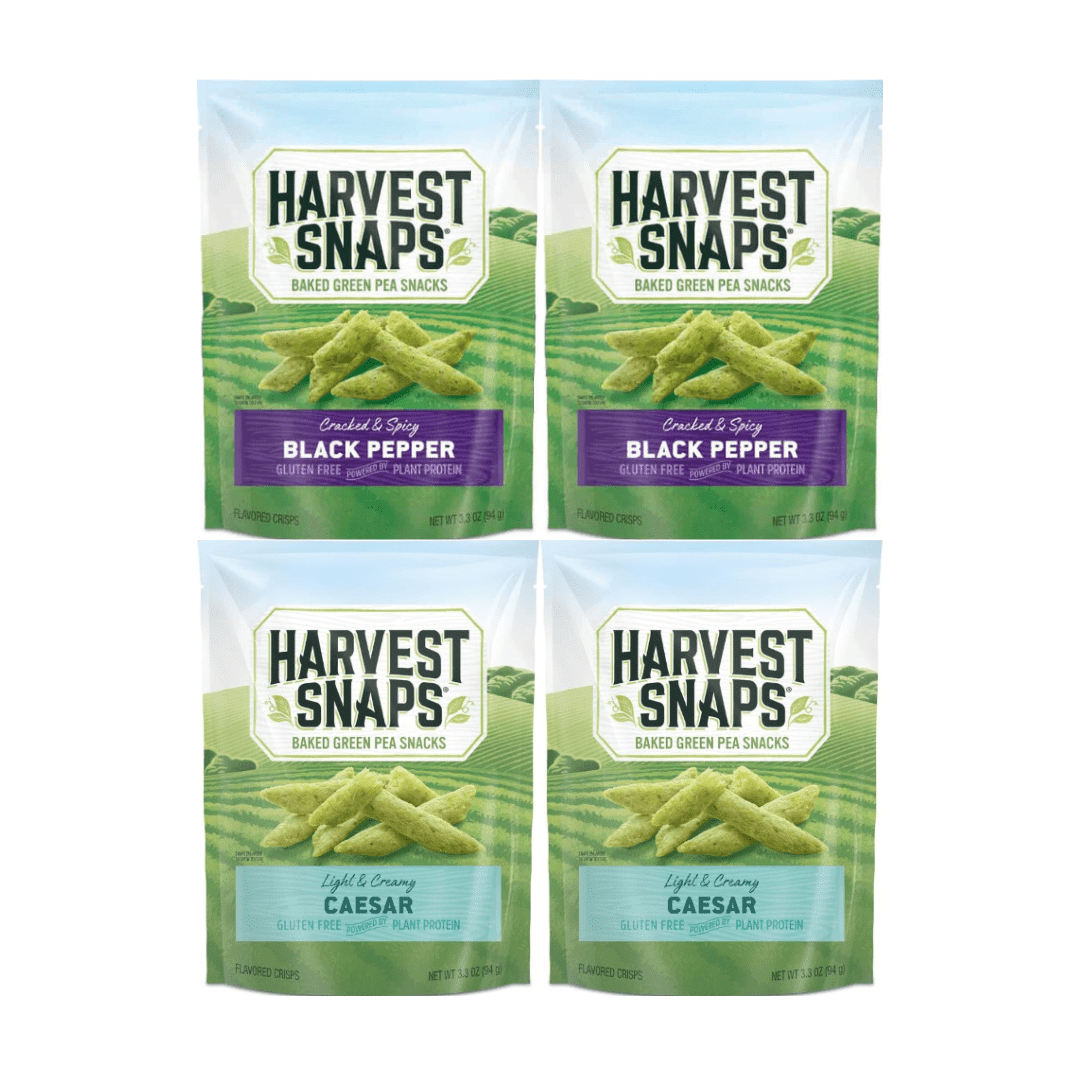 Harvest Snaps Veggie Chips Variety Pack – Black Pepper & Caesar, 3.3oz Bags, 4 Count (2 Each Flavor) – Plant Based, Gluten Free, Crunchy Snack, Healthy Protein Packed Pea Crisps