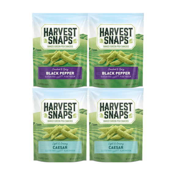 Harvest Snaps Veggie Chips Variety Pack Black Pepper & Caesar, 3.3oz Bags, 4 Count (2 Each Flavor) Plant Based, Gluten Free, Crunchy Snack, Healthy Protein Packed Pea Crisps