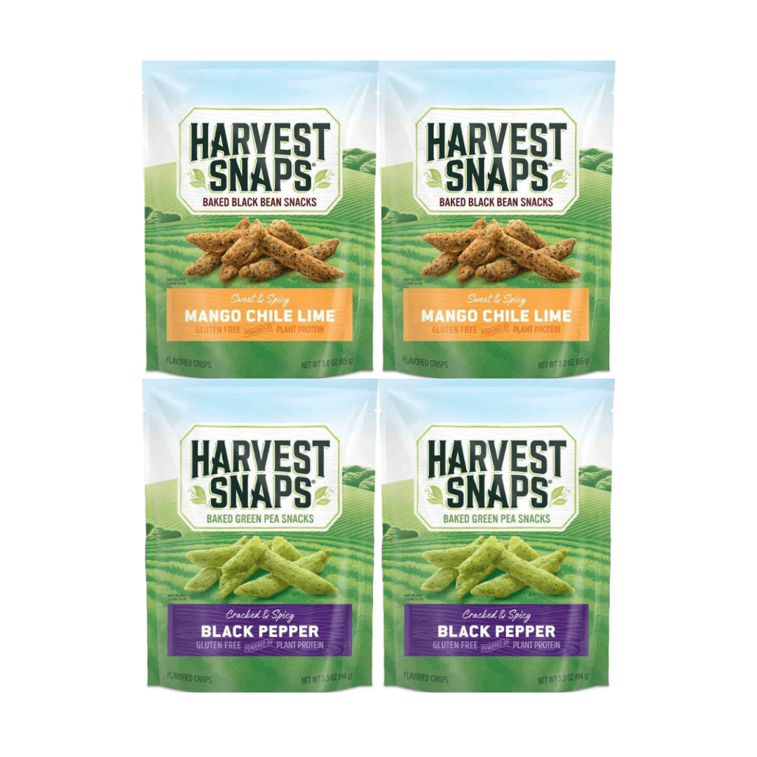 Harvest Snaps Veggie Chips Variety Pack – Mango Chile Lime 3 oz & Black Pepper 3.3 oz – 4 Count – Plant-Based Protein, Gluten-Free, Crunchy Snack, Non-GMO