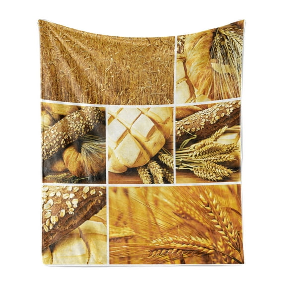 Harvest Soft Flannel Fleece Blanket, Collage Story Wheat Various Types of Bread Baking Culture Different Crusts, Cozy Plush for Indoor and Outdoor Use, 50" x 60", Earth Yellow Brown, by Ambesonne