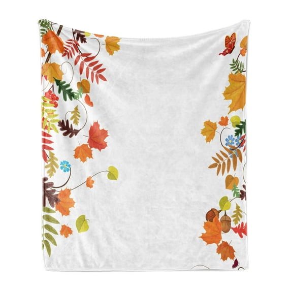 Harvest Soft Flannel Fleece Blanket, Colorful Seasonal Maple Aspen Leaves Frame Fall Foliage Environment Nuts Butterfly, Cozy Plush for Indoor and Outdoor Use, 60" x 80", Multicolor, by Ambesonne