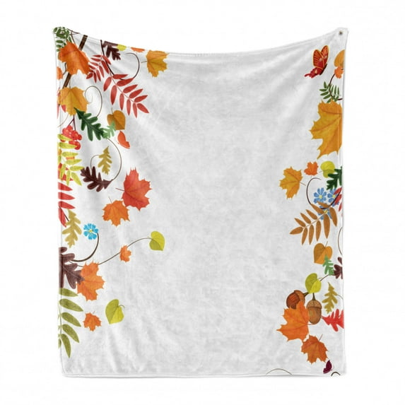 Harvest Soft Flannel Fleece Blanket, Colorful Seasonal Maple Aspen Leaves Frame Fall Foliage Environment Nuts Butterfly, Cozy Plush for Indoor and Outdoor Use, 50" x 60", Multicolor, by Ambesonne