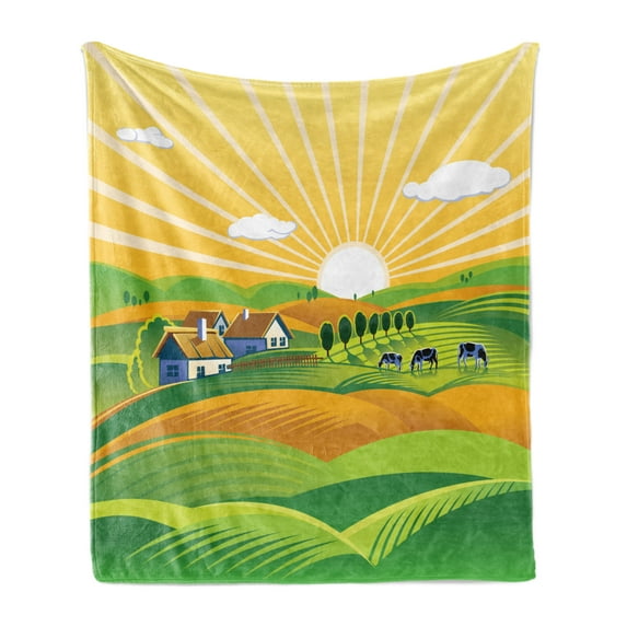 Harvest Soft Flannel Fleece Blanket, Countryside Theme Illustration at Sunrise with Village and Fields, Cozy Plush for Indoor and Outdoor Use, 50" x 60", Pastel Yellow and Multicolor, by Ambesonne