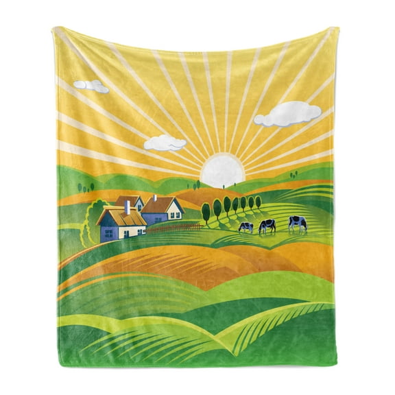 Harvest Soft Flannel Fleece Blanket, Countryside Theme Illustration at Sunrise with Village and Fields, Cozy Plush for Indoor and Outdoor Use, 60" x 80", Pastel Yellow and Multicolor, by Ambesonne