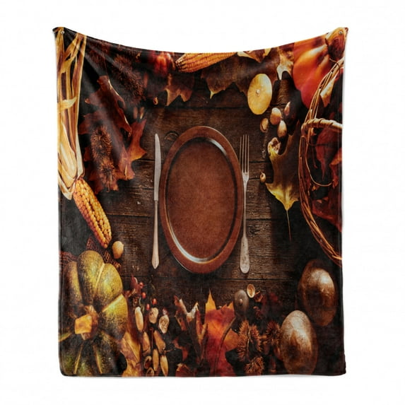 Harvest Soft Flannel Fleece Blanket, Dinner at Thanksgiving Fall Color Theme Plate and Cutlery Various Seasonal Food, Cozy Plush for Indoor and Outdoor Use, 60" x 80", Brown Orange, by Ambesonne