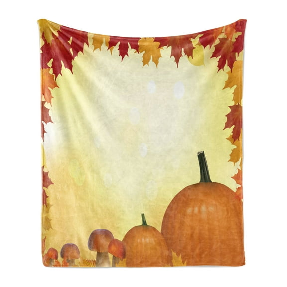 Harvest Soft Flannel Fleece Blanket, Mushrooms and Pumpkins with Autumn Tree Leaves Framework Bokeh Effect, Cozy Plush for Indoor and Outdoor Use, 50" x 70", Pale Yellow Orange Red, by Ambesonne