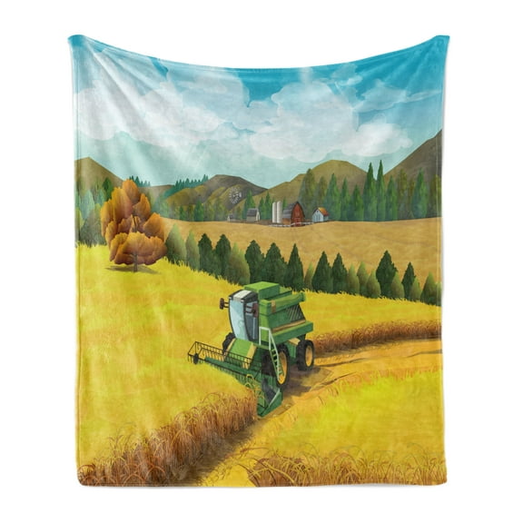 Harvest Soft Flannel Fleece Blanket, Rural Theme Image with Modern Combine Harvester Working in Wheat Field, Cozy Plush for Indoor and Outdoor Use, 60" x 80", Sea Blue and Multicolor, by Ambesonne