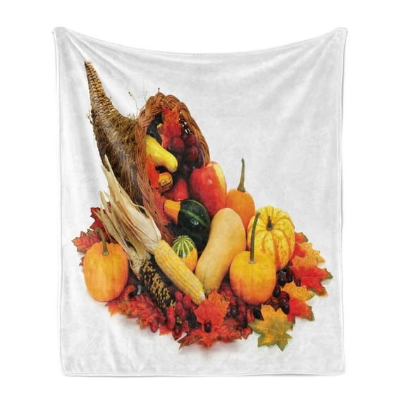 Harvest Soft Flannel Fleece Blanket, Thanksgiving Photograph with Butternut Squash Pumpkin Corn Cornucopia, Cozy Plush for Indoor and Outdoor Use, 70" x 90", Vermilion Orange Brown, by Ambesonne