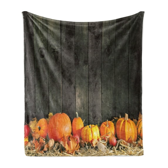 Harvest Soft Flannel Fleece Blanket, Thanksgiving Themed Pumpkins Many Shapes and Sizes in Hay Wooden Board Background, Cozy Plush for Indoor and Outdoor Use, 50" x 70", Brown Orange, by Ambesonne