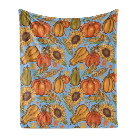 Harvest Soft Flannel Fleece Throw Blanket, Agriculture Theme Vegetable Pattern Corns Pumpkins and Sunflowers, Cozy Plush for Indoor and Outdoor Use, 60" x 80", Orange Yellow Pale Blue, by Ambesonne