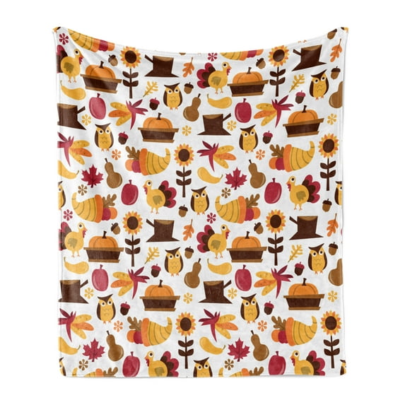 Harvest Soft Flannel Fleece Throw Blanket, Cartoon Fall Composition Nuts Maple Leaves Owls Roosters Pumpkins, Cozy Plush for Indoor and Outdoor Use, 50" x 70", Orange Red Brown, by Ambesonne