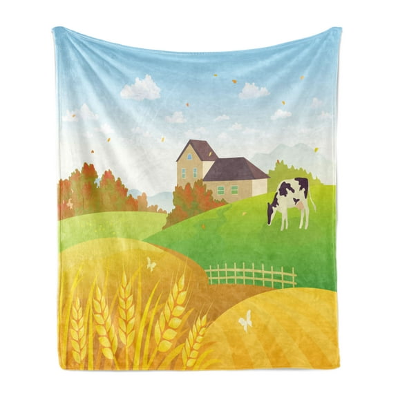 Harvest Soft Flannel Fleece Throw Blanket, Countryside Image with Grazing Cow Wheat Field and Rural House, Cozy Plush for Indoor and Outdoor Use, 50" x 70", Pale Sky Blue and Multicolor, by Ambesonne