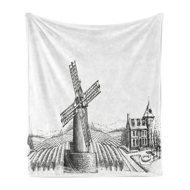Harvest Soft Flannel Fleece Throw Blanket, Engraved Windmill Image on Farmland and Country House on Backdrop, Cozy Plush for Indoor and Outdoor Use, 60" x 80", White and Charcoal Grey, by Ambesonne