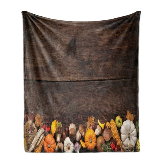 Harvest Soft Flannel Fleece Throw Blanket, Harvest Food on Dark Colored Wooden Table Autumn Vegetables Corn Pumpkin, Cozy Plush for Indoor and Outdoor Use, 50" x 70", Brown Orange White, by Ambesonne