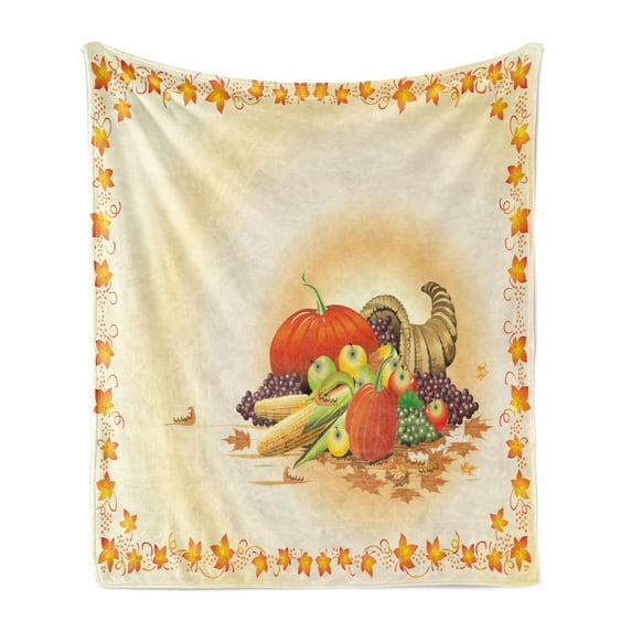 Harvest Soft Flannel Fleece Throw Blanket, Maple Tree Frame with Rustic Composition for Thanksgiving Halloween Dinner Food, Cozy Plush for Indoor and Outdoor Use, 50" x 60", Multicolor, by Ambesonne