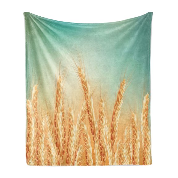 Harvest Soft Flannel Fleece Throw Blanket, Wheat Field and Blue Sky Agriculture Themed Abstract Composition, Cozy Plush for Indoor and Outdoor Use, 60" x 80", Yellow Orange Mint Green, by Ambesonne
