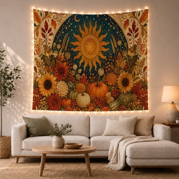 Harvest Sun Scene with Pumpkins and Sunflowers, Warm Vintage Style for Harvest Decor Fans, Wall Decor, Thanksgiving Hostess Gift, Tapestry Wall Hanging for Dining Room and Kitchen