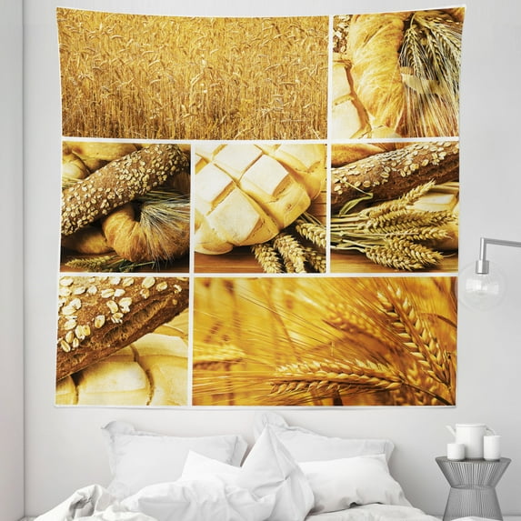 Harvest Tapestry, Collage Story Wheat Various Types of Bread Baking Culture Different Crusts, Fabric Wall Hanging Decor for Bedroom Living Room Dorm, 5 Sizes, Earth Yellow Brown, by Ambesonne