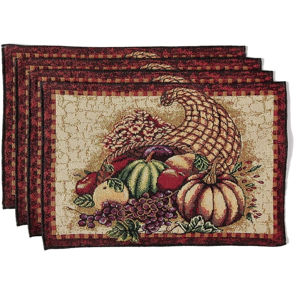 Harvest Tapestry Pumpkins & Autumn Leaves Design Placemats, 13" X 19", Set of 4
