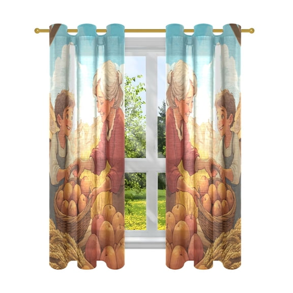 Harvest Thanksgiving Bazaar Cartoon Semi Sheer Curtains for Living Room Bedroom Set of 2 Insulated Window Drapes
