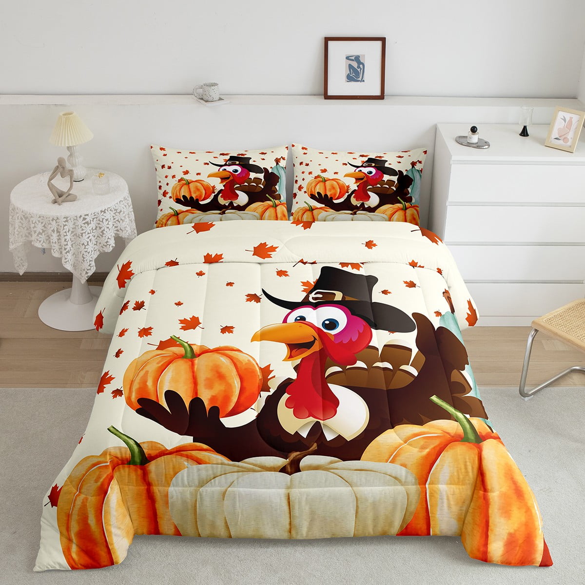 Harvest Thanksgiving Bedding Queen Cute Cartoon Turkey Print Comforter ...