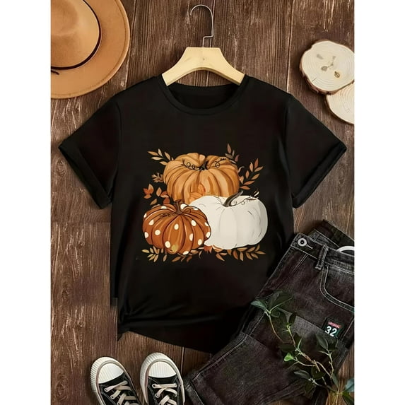 Harvest - Themed Patterned Tee,Tops Boasts Multi - Colored Pumpkin Illustrations with Foliage, Round Neck Regular Fit T - shirts, Size(S - 5XL)