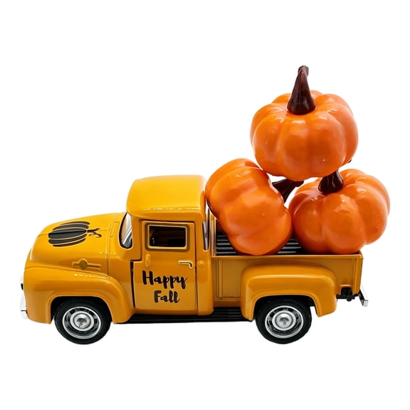 Harvest Truck Tabletop Decor with 3 Foam Pumpkins Alloy Farm Pickup Model Vintage Style Seasonal Fall Halloween Display