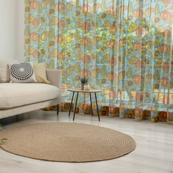 Harvest Tulle Curtains with Rod Pocket, Agriculture Theme Vegetable Pattern Corns Pumpkins and Sunflowers, Sheer Drape for Wedding Party 2 Panels, 7 Sizes, Orange Yellow Pale Blue, by Ambesonne