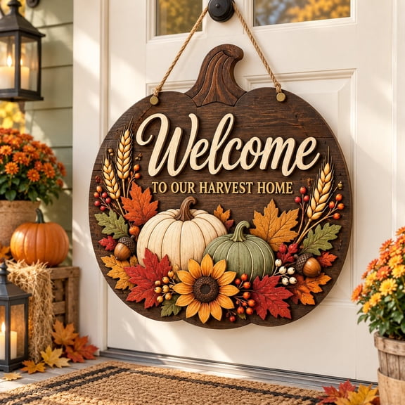 Harvest Welcome Plaque Wooden Door Sign for Autumn Entryway Decor