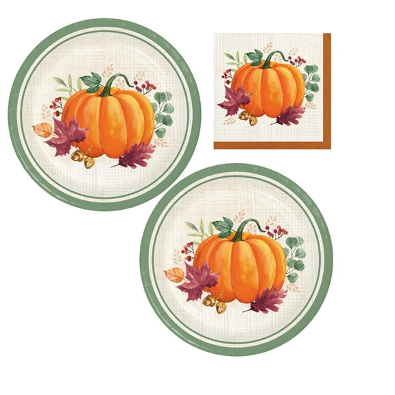 Harvest Wishes Dessert Party MMF7Supplies | Bundle Includes Paper Plates & Napkins for 16 People | Fall Pumpkin & Foliage Theme