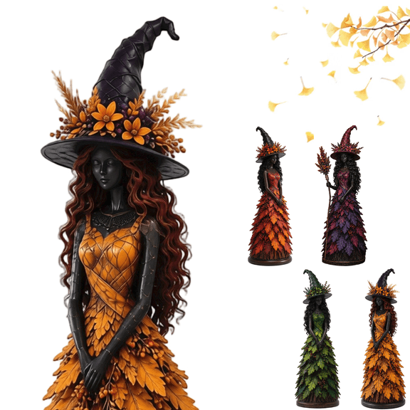 Harvest Witch Statue Maple Leaves Dress Witch Figurines Resin Craft Halloween Indoor Table Decor Rustic Farmhouse Fall Thanksgiving Home Ornament Gift Yellow(S)