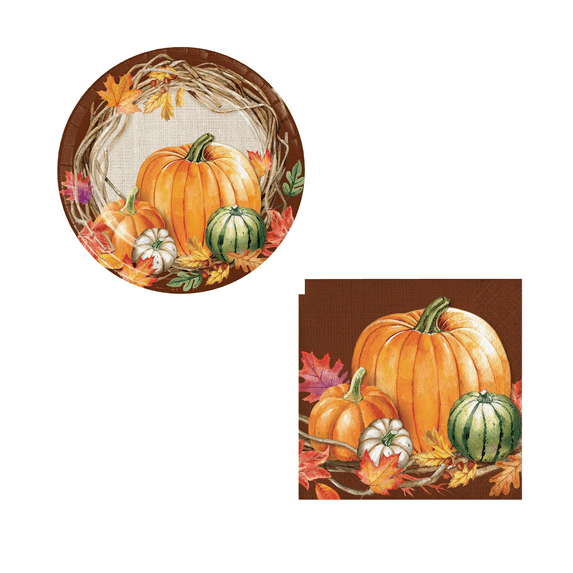 Harvest Wreath Paper Dessert Plates Beverage Napkins for Fall Thanksgiving Pumpkins Gourds Serves 8