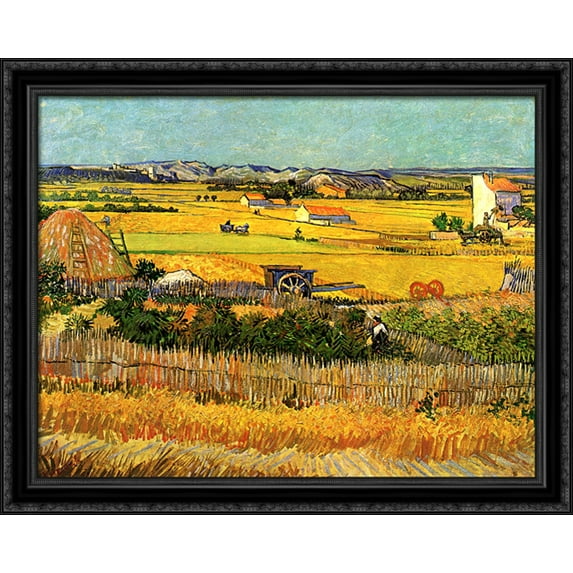 Harvest at La Crau, with Montmajour in the Background 34x28 Large Black Ornate Wood Framed Canvas Art by Vincent van Gogh