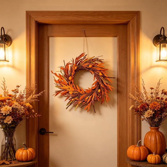 HarvestFall Neutrals Tone Rattan Wreath 3 Designs Optional Artificial Orange Leaf Dried Grass Floral Front Door Wall Hanging For Thanksgiving Home Dector Orange C