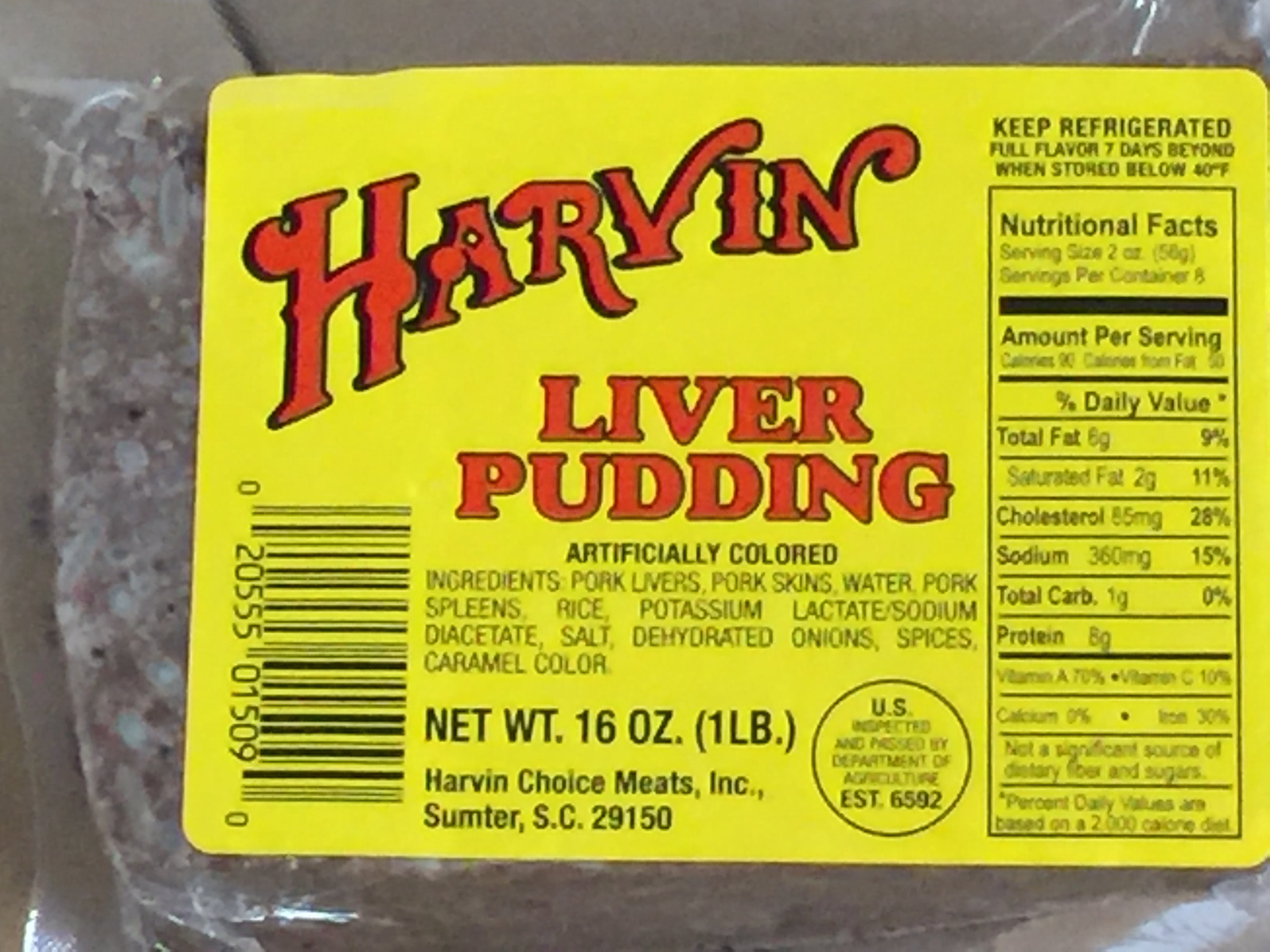 Harvin Liver Pudding, Lunch Meat, 16 oz